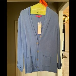 XS blue peri corner cardigan with tags.
